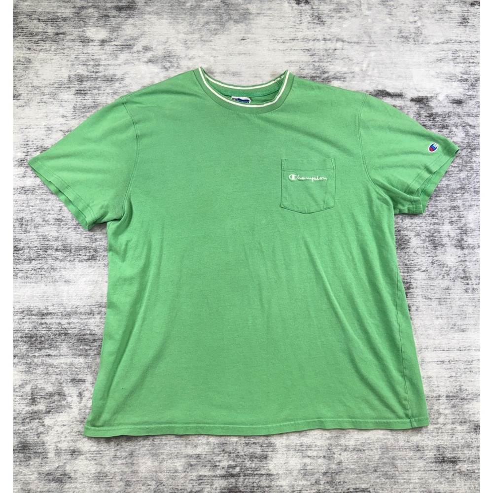Champion Mens XL Green Pocket T-Shirt Embroidered Logo Striped Crew Neck Cotton